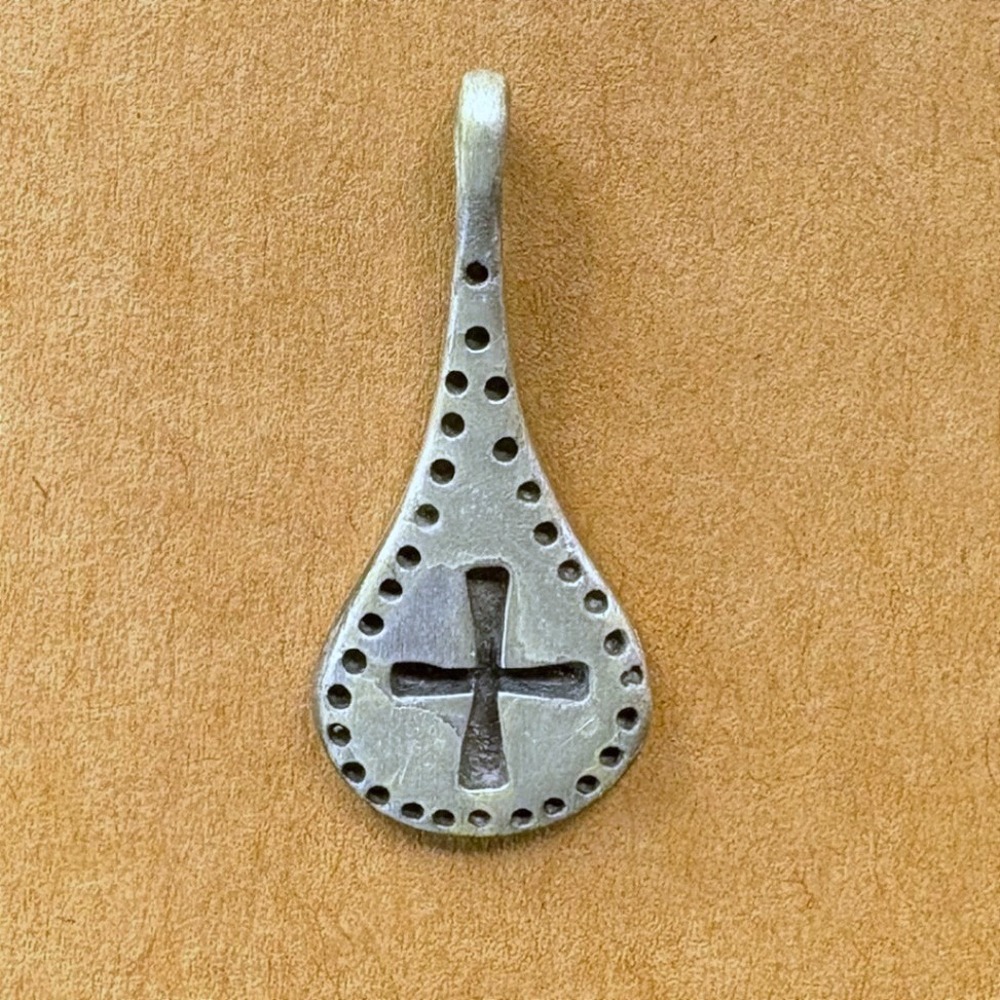 Vintage Pewter Teardrop Cross Pendant Textured Dotted Border Religious Charm